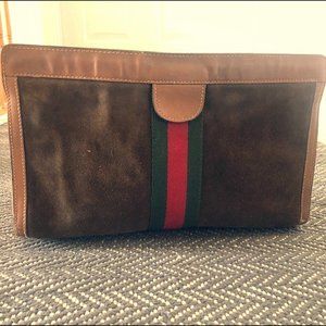 Vintage Gucci Tan Suede GG Cosmetic Bag/Clutch